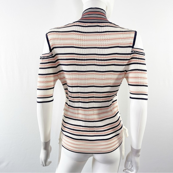 Authentic FENDI Tan Striped Cold Shoulder Mock Neck Sweater Top Size US 8 - Picture 8 of 14